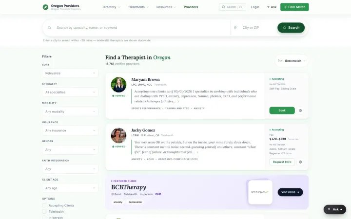 Directory search — pill filters, match scoring, insurance + need